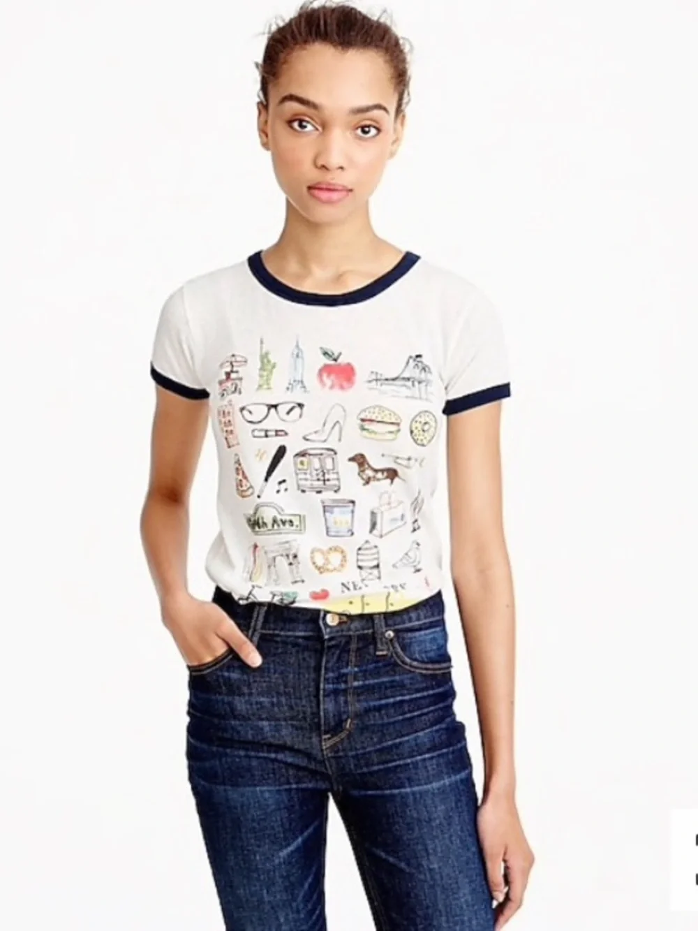 J. Crew NYC Destination Ringer Graphic Tee with Navy Trim and New York City Icon